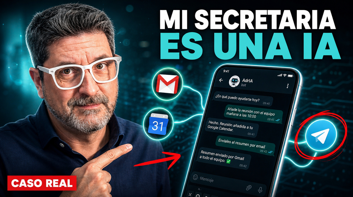 Empresario señalando un teléfono móvil con un chat de AdrIA, el asistente de IA conectado a Gmail, Calendar y Telegram para automatizar tareas con IA