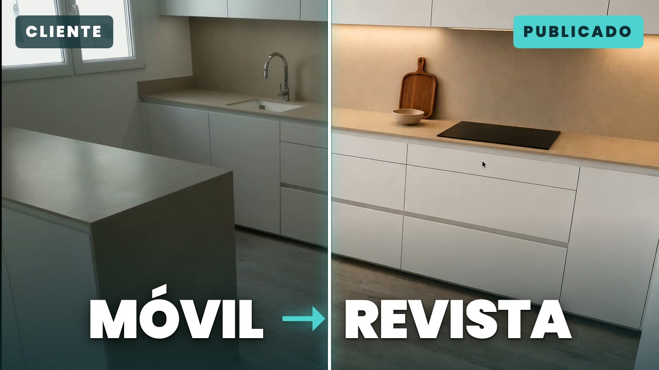 Cómo mejorar fotos con IA: antes y después de una cocina de cliente