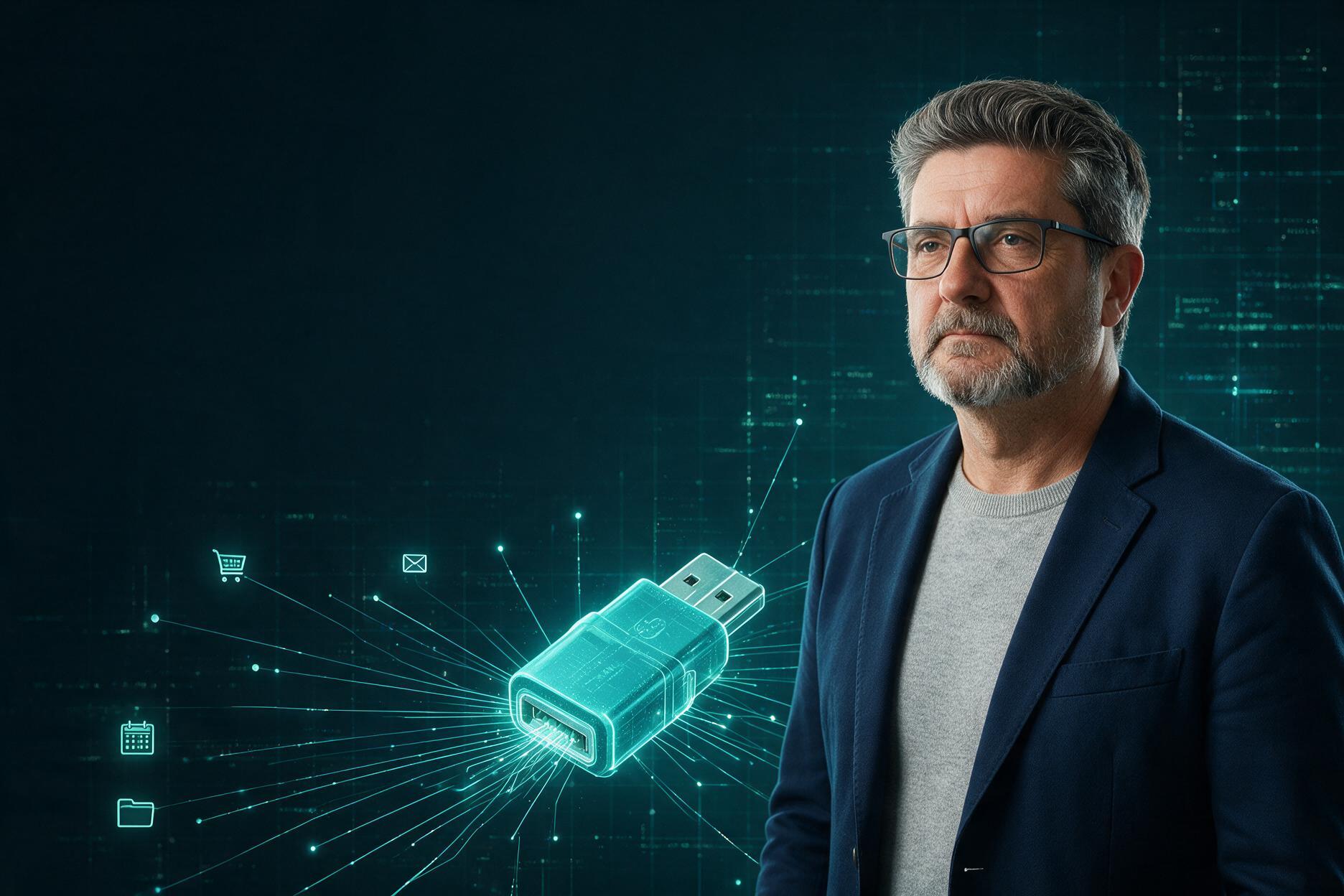 Qué es MCP explicado fácil: el USB de los agentes de IA 1 Qué es MCP explicado fácil: Ricardo Hoyos junto a un conector USB luminoso que une la IA con las herramientas del negocio
