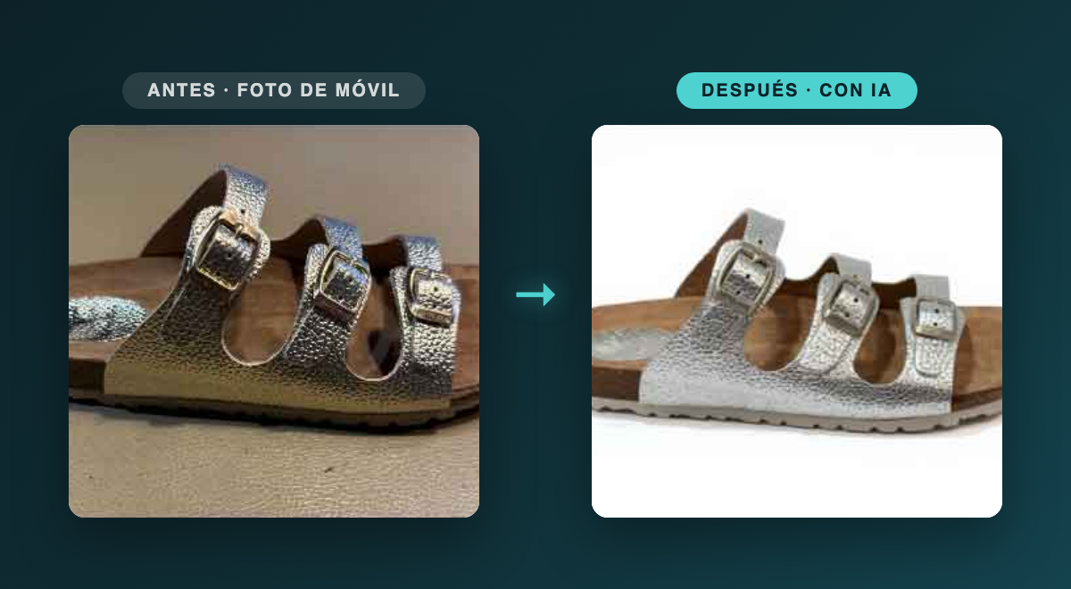 Antes y después: foto de móvil de una sandalia convertida en imagen profesional con IA