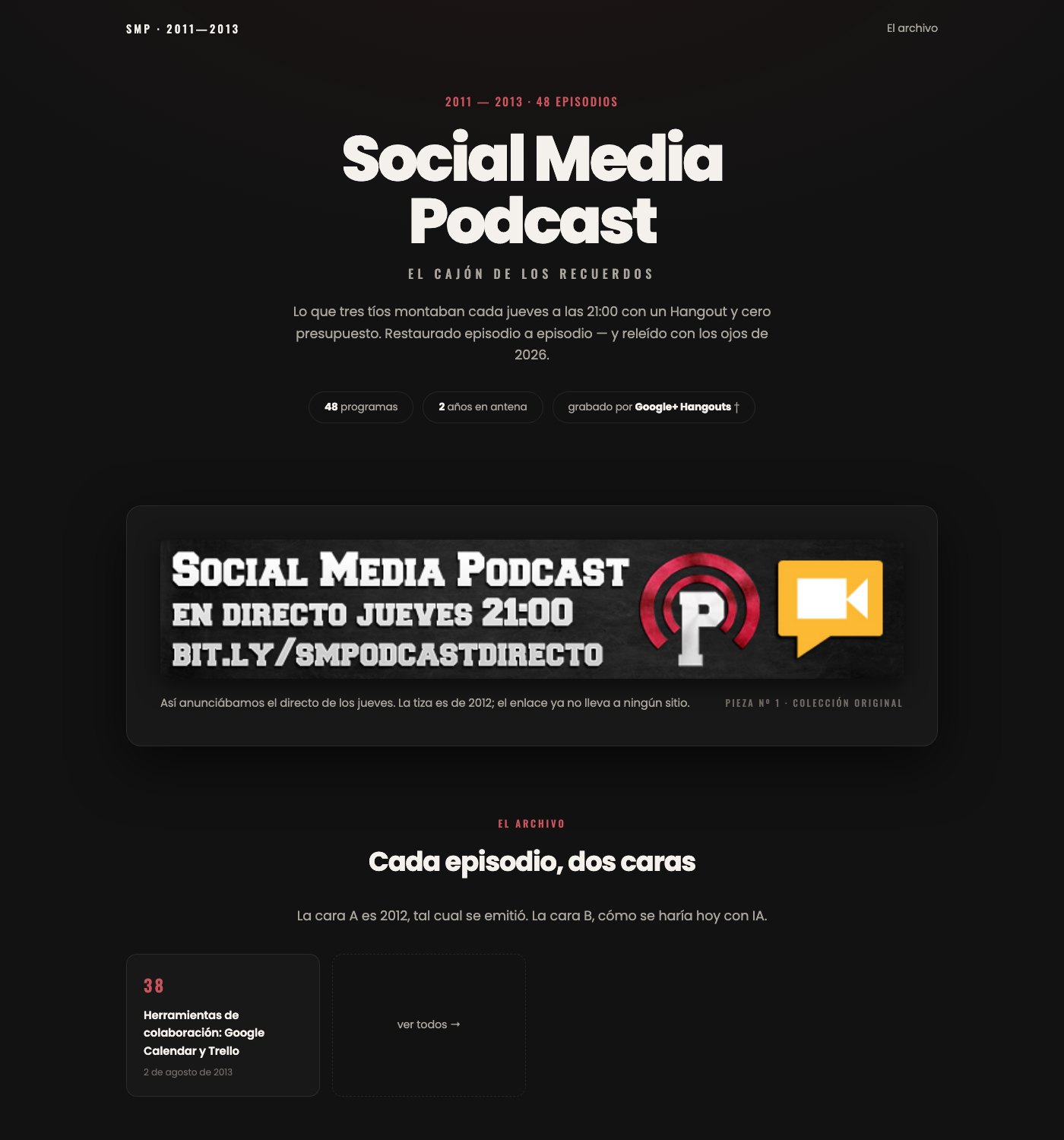 Portada de la web creada con IA: el archivo del Social Media Podcast
