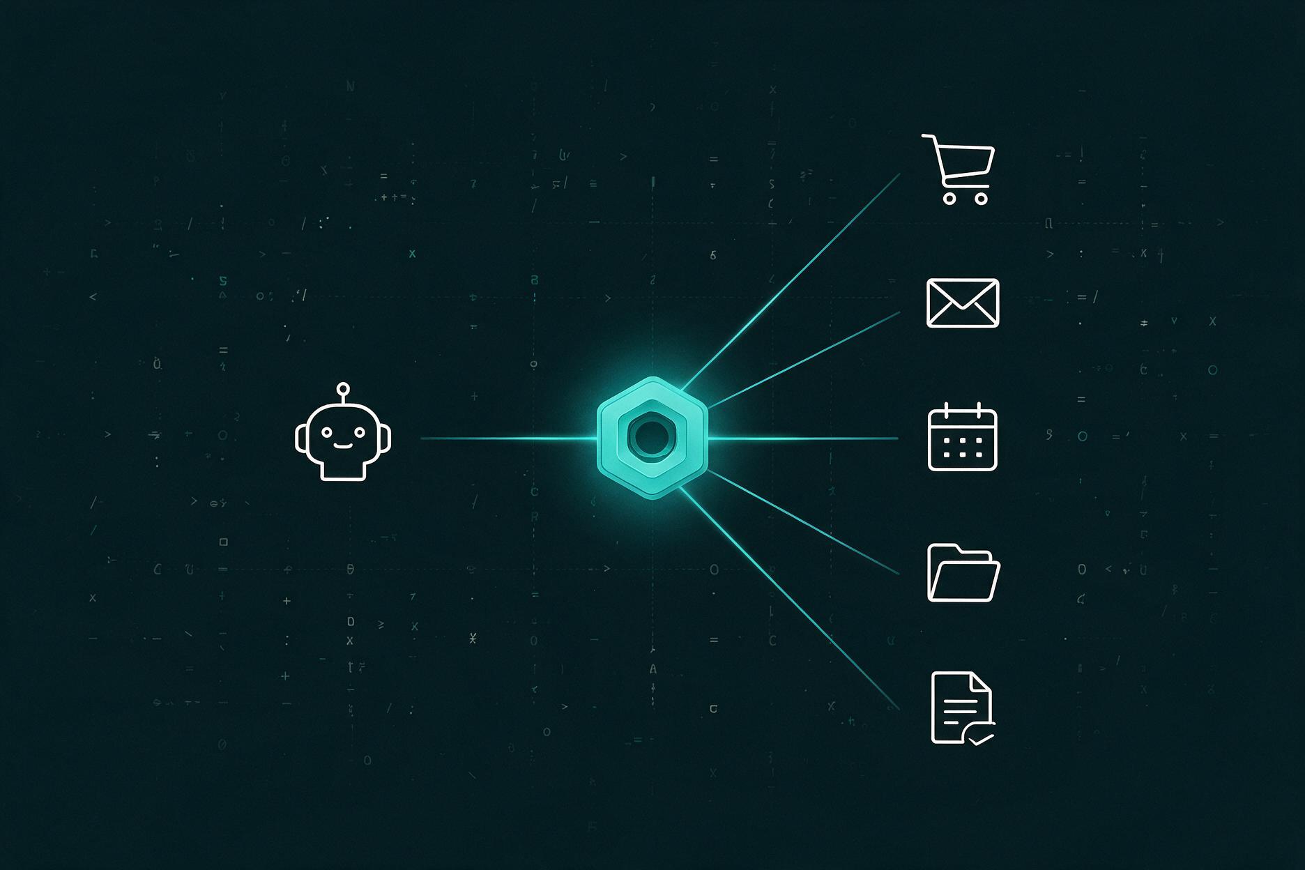 Diagrama de MCP: un agente de IA conectado por un hub universal a la tienda, el correo, el calendario y los documentos