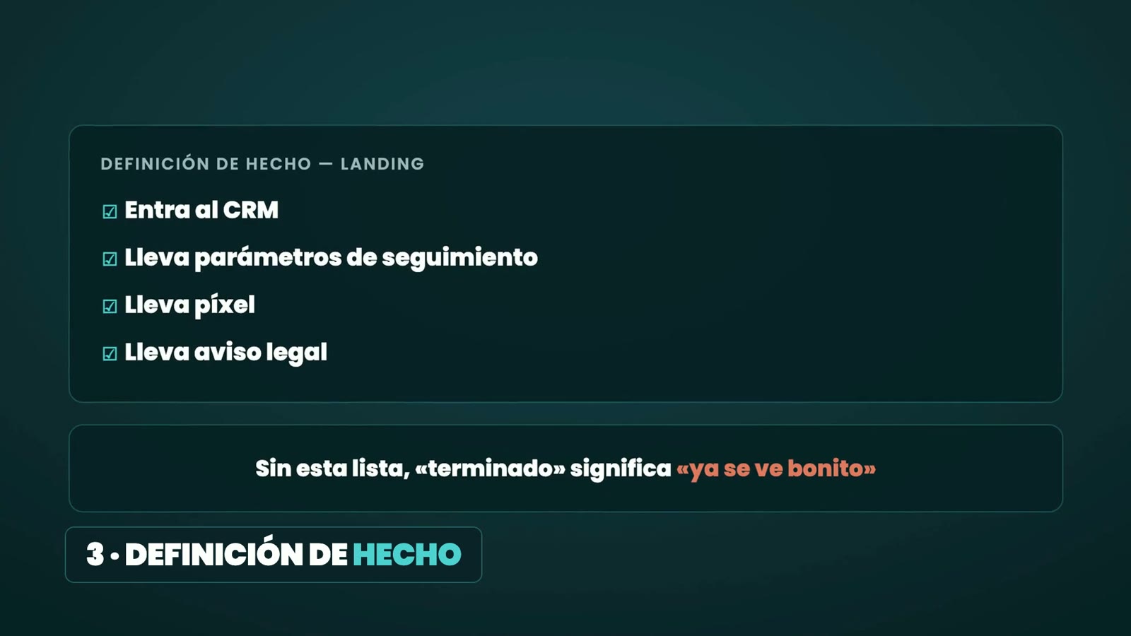Agentes de IA para negocios: montó la landing en una noche y nadie supo qué se había tocado 3 Tarjeta «Definición de hecho — landing»: entra al CRM, lleva parámetros de seguimiento, lleva píxel, lleva aviso legal