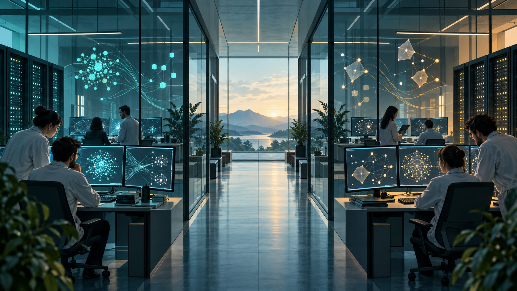 Dos laboratorios de inteligencia artificial frente a frente, con agentes en pantallas y equipos humanos revisando su trabajo.