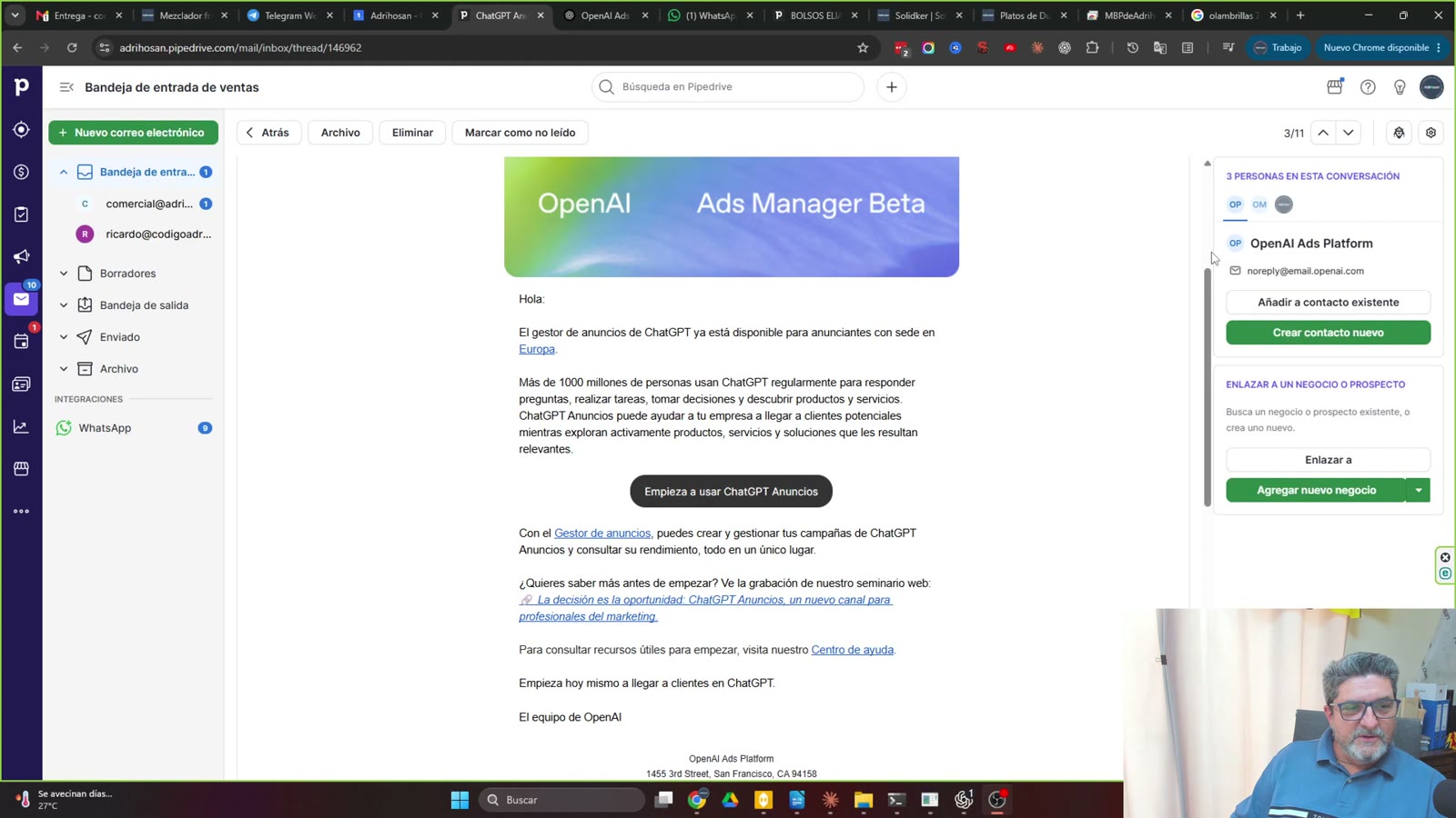 Publicidad en ChatGPT: así monté el primer anuncio real en España 1 Correo de OpenAI Ads Platform anunciando que el gestor de anuncios de ChatGPT ya está disponible para anunciantes con sede en Europa