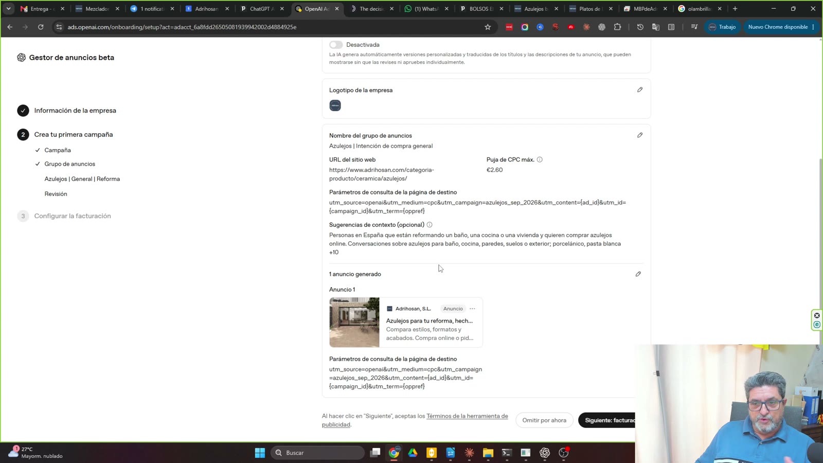 Publicidad en ChatGPT: así monté el primer anuncio real en España 2 Gestor de anuncios beta de OpenAI con el grupo de anuncios de azulejos, la puja de CPC y el anuncio generado automáticamente para Adrihosan