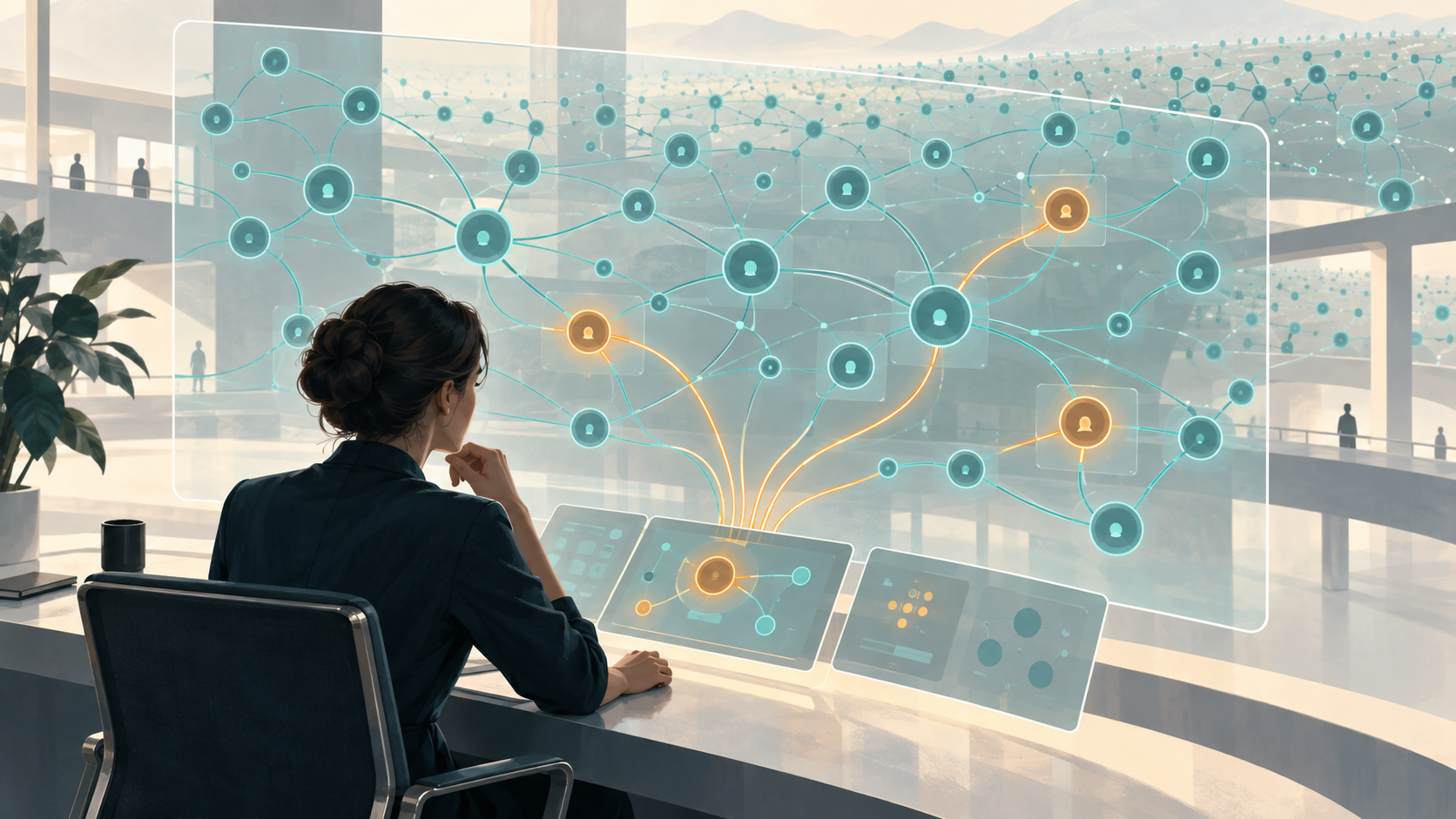 OpenAI vs Anthropic: ¿quién controla la IA que crea la próxima IA? 1 Red de agentes de IA conectados a un sistema de auditoría, con revisión humana y señales de alerta.
